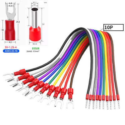 10Pin 20AWG 0.5mm2 Jumper Wire Fork Ferrules terminales de conexión de cable 5 Amperios Corriente 20cm 30cm 50cm 100cm